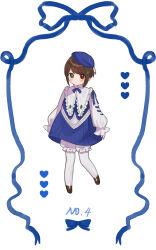  1girl beret bloomers blue_dress blue_hat blue_ribbon blush brown_footwear brown_hair closed_mouth diamond_hair_ornament dress eyelashes full_body green_eyes hat heart heterochromia highres leg_up long_sleeves neck_ribbon pantyhose picdung puffy_long_sleeves puffy_sleeves red_eyes ribbon rozen_maiden short_hair sleeve_ribbon solo souseiseki standing standing_on_one_leg swept_bangs white_background white_bloomers white_pantyhose 