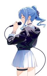  1girl alternate_costume black_jacket blue_choker blue_hair blue_ribbon choker closed_eyes collared_shirt earrings from_side hair_between_eyes hair_ribbon hashtag-only_commentary highres holding holding_microphone hololive hood hooded_jacket hoshimachi_suisei jacket jewelry lace lace_choker long_sleeves medium_hair microphone miniskirt pleated_skirt ribbon ring shirt side_ponytail simple_background single_sidelock skindentation skirt sleeves_past_elbows solo star_(symbol) star_earrings thigh_strap virtual_youtuber white_background white_shirt white_skirt zakimpo 