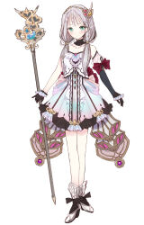  1girl atelier_(series) atelier_lulua bare_shoulders black_choker black_gloves blue_eyes breasts choker closed_mouth dress elmerulia_fryxell elmerulia_fryxell_(innocent_fairy) frilled_choker frilled_dress frills full_body gloves hair_ornament holding holding_staff kishida_mel long_hair looking_at_viewer low_twintails official_alternate_costume official_art shoes simple_background small_breasts solo staff standing twintails white_background white_dress white_footwear 