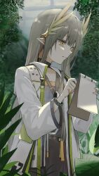  1girl arknights black_choker blunt_bangs brown_hair brown_skirt choker closed_mouth coat cowboy_shot elf garden hair_ornament highres holding holding_notepad holding_pen infection_monitor_(arknights) jacket lab_coat leaf long_hair long_sleeves looking_at_object muelsyse_(arknights) nature notepad open_clothes open_jacket pen plant pointy_ears qwq22565156 skirt solo standing tree upper_body white_coat writing yellow_eyes 