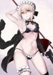  1girl absurdres artoria_pendragon_(all) artoria_pendragon_(swimsuit_rider_alter) black_bow black_bra black_jacket black_legwear black_panties black_ribbon blonde_hair bow bra breasts choker cleavage collarbone eyebrows_visible_through_hair fate/grand_order fate_(series) frilled_bra frilled_panties frills groin gun hair_between_eyes hair_bow highres holding holding_gun holding_weapon jacket jacket_removed looking_at_viewer maid_headdress navel neck_ribbon nozoyuki panties polearm ribbon short_hair_with_long_locks sideboob small_breasts solo thigh-highs thigh_strap underwear underwear_only unzipped weapon yellow_eyes 