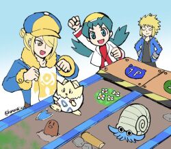  1girl 2boys blonde_hair blue_background blue_eyes blue_hair clenched_hands diglett ginkgo_guild_uniform gradient_background hair_over_one_eye hanasaki_(1470267) kris_(pokemon) multiple_boys omanyte pokemon pokemon_(creature) pokemon_dppt pokemon_gsc pokemon_legends:_arceus racing togepi volkner_(pokemon) volo_(pokemon) 