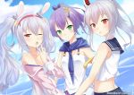  3girls :o animal_ears ayanami_(azur_lane) azur_lane bare_shoulders blush crop_top day dearonnus green_eyes hair_ornament hairband headgear highres javelin_(azur_lane) laffey_(azur_lane) long_hair looking_at_viewer looking_back midriff multiple_girls ocean off_shoulder one_eye_closed ponytail purple_hair rabbit_ears red_eyes sailor_collar silver_hair sky smile twintails upper_body wince yawning 