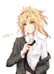  1girl 2017 artist_name black_jacket black_neckwear blonde_hair dated dress_shirt fate/apocrypha fate_(series) green_eyes grin hair_ornament head_tilt highres jacket long_hair mordred_(fate) mordred_(fate)_(all) necktie off_shoulder open_mouth ponytail qingmingyanhua shirt simple_background smile solo upper_body white_background white_shirt 