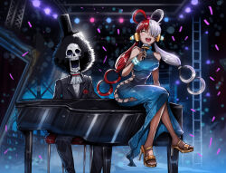  1boy 1girl absurdres afro alternate_costume ascot asymmetrical_bangs bare_shoulders black_hair brook_(one_piece) closed_mouth commentary commission dress english_commentary formal full_body grand_piano hair_over_one_eye hair_rings hat headphones high_heels highres holding holding_microphone instrument long_hair low_twintails microphone multicolored_hair music one_eye_covered one_piece one_piece_film:_red open_mouth piano playing_instrument playing_piano redhead sajol_hasan second-party_source singing sitting skeleton sleeveless sleeveless_dress smile split-color_hair streaked_hair suit teeth top_hat turtleneck twintails two-tone_hair uta_(one_piece) white_ascot white_hair 
