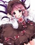  1girl commentary_request dress hat long_sleeves looking_at_viewer mystia_lorelei open_mouth pink_eyes pink_hair short_hair solo touhou uguisu_mochi_(ykss35) wings 