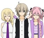  1girl 2boys ahoge astolfo_(fate) bangs bare_shoulders black_ribbon blonde_hair braid breasts brown_hair closed_eyes commentary eyebrows_visible_through_hair fate/apocrypha fate_(series) green_eyes hair_between_eyes hair_ornament hair_ribbon hand_on_own_head hetero jacket jeanne_d&#039;arc_(fate) jeanne_d&#039;arc_(fate)_(all) long_braid long_hair long_sleeves looking_at_viewer male_focus medium_breasts multicolored_hair multiple_boys navel necktie open_clothes open_jacket pink_hair purple_hair purple_jacket purple_neckwear ribbon shirt short_hair sieg_(fate/apocrypha) single_braid sleeveless sleeveless_shirt striped striped_shirt trap two-tone_hair very_long_hair waistcoat white_shirt wrokplqti yaoi 