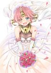  1girl :d absurdres berserker_of_black blue_eyes bouquet breasts bridal_veil dress elbow_gloves fate/apocrypha fate_(series) flower gloves hair_flower hair_ornament head_tilt heterochromia highres holding holding_bouquet horn nyoon open_mouth petals pink_hair red_flower short_hair simple_background small_breasts smile solo standing veil wedding_dress white_background white_flower white_gloves yellow_eyes 