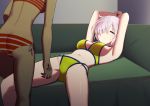  2girls absurdres armpits arms_up ass bikini breasts cleavage fate/grand_order fate_(series) fujimaru_ritsuka_(female) hair_over_one_eye highres indoors kuroshiro_(ms-2420) lying mash_kyrielight medium_breasts multiple_girls on_back one_eye_closed orange_bikini pink_hair restrained shiny shiny_skin short_hair sideboob striped striped_bikini sweatdrop swimsuit yellow_bikini 