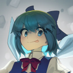  1girl :p blue_bow blue_dress blue_eyes blue_hair boa_(brianoa) bow bowtie cirno collared_shirt dress grey_background hair_bow ice ice_wings looking_at_viewer looking_to_the_side pinafore_dress portrait red_bow red_bowtie shirt short_hair sleeveless sleeveless_dress solo tongue tongue_out touhou v-shaped_eyebrows white_shirt wings 