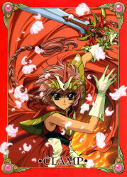  1990s_(style) 1girl armor armored_dress border braid cape clamp_(circle) escudo_sword_(rayearth) falling fiery_hair fire gloves highres holding holding_sword holding_weapon looking_at_viewer magic_knight_rayearth ornate_border red_eyes redhead retro_artstyle shidou_hikaru single_braid sword weapon 