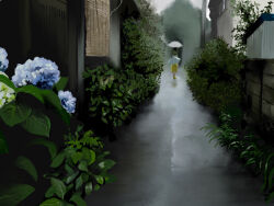  1girl blue_flower building flower grey_sky hedge highres holding holding_umbrella hydrangea leaf meanstreet original plant procreate_(medium) raincoat road scenery shadow sky solo street sunlight umbrella white_umbrella yellow_raincoat 