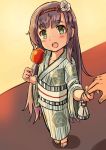  1girl bag blush_stickers candy_apple eyebrows_visible_through_hair flower food freckles from_above green_eyes hair_flower hair_ornament hairband hand_holding handbag highres japanese_clothes kantai_collection kimono long_hair looking_at_viewer looking_up matsuwa_(kantai_collection) open_mouth purple_hair sandals soil_chopsticks solo_focus two-tone_background wide_sleeves yukata 