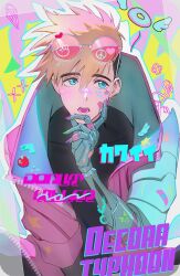  1boy between_legs bird black_shirt blonde_hair blue_eyes character_name coat collared_coat decora english_text eyewear_on_head flamingo halo hand_between_legs highres looking_to_the_side male_focus multicolored_hair open_mouth peace_symbol pink-tinted_eyewear pink_coat ppp_gemu prosthesis prosthetic_arm round_eyewear shirt sideways_glance sleeve_cuffs solo sticker sticker_on_face teeth tinted_eyewear tongue trigun trigun_stampede two-sided_coat two-sided_fabric two-tone_hair unzipped upper_body v vash_the_stampede zipper 