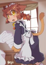  1girl animal_ears animal_hands apron artist_name black_dress blurry blurry_background blush bow brown_hair carrying collared_dress dress folded hair_bow highres indoors leaning_forward long_sleeves looking_at_viewer maid maid_apron maid_headdress open_mouth original ponytail shisui short_ponytail solo tail tareme towel turning_head window yellow_eyes 