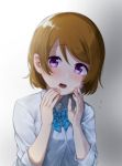  1girl blue_bow blue_neckwear bow bowtie brown_hair dress_shirt eyebrows_visible_through_hair grey_background highres koizumi_hanayo looking_at_viewer love_live! love_live!_school_idol_project open_mouth shirt short_hair solo upper_body violet_eyes white_shirt yuama_(drop) 