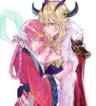  2girls alternate_costume artoria_pendragon_(all) artoria_pendragon_(lancer_alter) blonde_hair breasts cleavage eyepatch fate/grand_order fate_(series) florence_nightingale_(fate/grand_order) fur_trim horns hug large_breasts multiple_girls pink_hair red_eyes sketch takamura_yue white_background wide_sleeves yellow_eyes yuri 