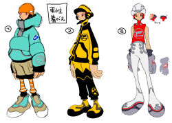  2000s_(style) 3boys aged_up alternate_costume amp_(cool_cool_toon) arms_at_sides beanie black_hood black_jacket black_pants black_sleeves bowler_hat brown_shorts bug_print closed_mouth concept_art cool_cool_toon dot_nose gloves green_hood green_jacket green_sleeves grey_gloves gyoubu_ippei hat highres hood hood_down hood_up hooded_jacket hooded_shirt jacket large_feet large_hands legs_apart logo logo_print multicolored_clothes multicolored_footwear multicolored_jacket multiple_boys numbered official_alternate_costume official_art orange_hat orange_socks padded_jacket pants pocket print_gloves print_jacket print_pants print_shirt print_sleeves red_eyes red_shirt redhead reference_sheet shirt shorts simple_background sketch sleeveless sleeveless_shirt snk socks standing toon_(style) translation_request two-tone_jacket two-tone_pants two-tone_sleeves white_background white_hat white_pants yellow_footwear yellow_hood yellow_jacket yellow_pants yellow_sleeves 