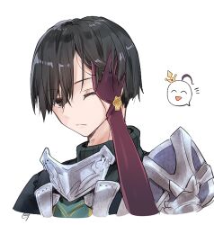  1boy 1girl armor atelier_(series) atelier_sophie_2 black_eyes black_hair closed_mouth commentary_request cropped_torso diebold_lewerenz gloves hair_between_eyes hand_in_another&#039;s_hair karasumi_(aiseec) looking_at_viewer male_focus one_eye_closed out_of_frame ramizel_erlenmeyer short_hair simple_background smile solo_focus spoken_expression upper_body white_background 