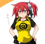  1girl aiba_ami backpack bag black_gloves black_skirt blue_eyes blush breasts closed_mouth digimon digimon_story:_cyber_sleuth frown gloves goggles goggles_on_head hair_between_eyes hair_ornament hands_on_hips looking_at_viewer lowres medium_breasts n36hoko nose_blush print_shirt raglan_sleeves redhead shirt side_ponytail single_glove skirt t-shirt target upper_body wavy_mouth yellow_shirt 