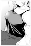  1girl 3: breasts camisole closed_mouth coat collarbone greyscale highres large_breasts monochrome nande_koko_ni_sensei_ga!? open_clothes open_coat pants soborou solo 