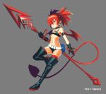 1girl bare_shoulders black_gloves black_hair boots bracelet choker demon_girl demon_tail disgaea disgaea_d2 earrings etna flat_chest full_body gloves holding holding_spear holding_weapon jewelry long_hair long_tail looking_at_viewer multiple_girls pointy_ears polearm red_eyes red_legwear redhead short_shorts shorts simple_background smile spear tail thigh-highs thigh_boots twintails very_long_hair weapon wings