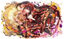  1girl antique_firearm bare_shoulders black_hair clock_eyes crash_fever date_a_live dress firelock flintlock frilled_dress frilled_hairband frills gears gun hairband heterochromia lolita_fashion lolita_hairband long_hair looking_at_viewer official_art open_mouth red_dress red_eyes second-party_source smile solo symbol-shaped_pupils tachi-e tokisaki_kurumi transparent_background twintails two-tone_dress weapon yellow_eyes 