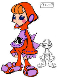  1girl 2000s_(style) 2girls alternate_costume animal_print apron back_bow bear_print blue_eyes blush_stickers bodysuit bow character_name child closed_mouth concept_art cool_cool_toon dual_persona facing_viewer from_side gyoubu_ippei highres hood hood_up iyamy_(cool_cool_toon) lace-trimmed_sleeves lace_trim long_sleeves multiple_girls official_alternate_costume official_art orange_hair panda_print pink_apron pink_bow red_bodysuit red_hood red_sleeves ribbon-trimmed_apron ribbon-trimmed_sleeves ribbon_trim simple_background sketch sleeves_past_wrists snk solo standing straight-on toon_(style) translation_request two-sided_hood white_background yin_yang yin_yang_print 