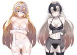  2girls ahoge bangs bare_shoulders black_bra black_gloves black_legwear black_panties blonde_hair blue_eyes bra breast_hold breasts cleavage clenched_teeth closed_mouth collarbone cowboy_shot elbow_gloves embarrassed fate/apocrypha fate_(series) garter_belt gloves gradient_hair headpiece jeanne_d&#039;arc_(alter)_(fate) jeanne_d&#039;arc_(fate) jeanne_d&#039;arc_(fate)_(all) kanikou large_breasts legs_apart long_hair looking_at_viewer multicolored_hair multiple_girls navel panties parted_lips redhead silver_hair simple_background smile standing stomach teeth under-rim_eyewear underwear very_long_hair white_background white_bra white_gloves white_legwear white_panties yellow_eyes 