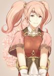  1girl absurdres armor blush breastplate cape circlet fire_emblem fire_emblem_echoes:_mou_hitori_no_eiyuuou hakirino highres long_hair looking_at_viewer mae_(fire_emblem) pink_hair red_eyes simple_background smile solo twintails 