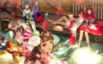 6+girls blurry character_request closed_eyes commentary_request depth_of_field flower gu_huo_niao hair_flower hair_ornament japanese_clothes kimono long_hair long_sleeves looking_at_viewer mask mask_on_head multiple_girls onmyoji onmyouji open_eyes partially_submerged pink_eyes red_eyes red_kimono say_hana short_hair sitting smile soaking_feet tao_hua_yao water white_flower white_kimono wide_sleeves wooden_floor 