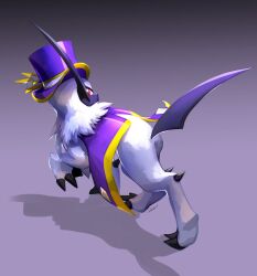  absol absol_(fashionable) bright_pupils claws clothed_pokemon commentary full_body hat highres likey looking_back no_humans pokemon pokemon_(creature) pokemon_unite purple_hat red_eyes solo standing top_hat white_fur white_pupils 