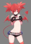  1girl absurdres bare_shoulders black_gloves black_hair bracelet breasts choker demon_girl demon_tail disgaea disgaea_d2 earrings etna gloves highres jewelry long_hair looking_at_viewer navel pointy_ears red_eyes red_legwear redhead short_shorts shorts simple_background small_breasts tail thigh-highs twintails very_long_hair wings 