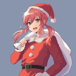  1boy aqua_eyes fujimura_hinami hat highres holding holding_sack inazuma_eleven_(series) inazuma_eleven_go kirino_ranmaru long_hair long_sleeves male_focus open_mouth pink_hair red_hat red_shirt sack santa_costume santa_hat shirt solo tongue 