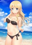  1girl alternate_hairstyle bandeau beach bikini black_bikini blonde_hair blue_eyes blue_sky breasts cleavage closed_mouth clouds cloudy_sky cowboy_shot darjeeling day dutch_angle girls_und_panzer hair_down hair_over_shoulder hand_up highres horizon long_hair looking_at_viewer medium_breasts n.g. navel o-ring_bikini o-ring_top ocean outdoors side-tie_bikini sky smile solo swimsuit 