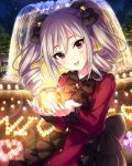  1girl artist_request bow candle drill_hair eyelashes fountain frills gothic_lolita grey_hair hair_between_eyes hair_bow holding idolmaster idolmaster_cinderella_girls kanzaki_ranko lolita_fashion long_hair looking_at_viewer night official_art open_mouth outdoors red_eyes smile solo tree twin_drills twintails 