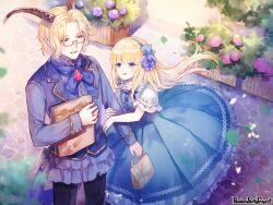  1boy 1girl :d arm_hug bag black_pants blonde_hair blue_bow blue_bowtie blue_dress blue_eyes blue_hairband blue_jacket blue_shirt blunt_bangs bow bow_hairband bowtie brooch bush clona copyright_name cowboy_shot day dress eye_contact falling_petals fangs feet_out_of_frame flower flower_bed frilled_shirt frilled_shirt_collar frills glasses hair_between_eyes hair_flower hair_ornament hairband holding holding_bag horns jacket jewelry lapels long_hair long_sleeves looking_at_another neck_ribbon notched_lapels outdoors pandora_party_project pants paper_bag parted_bangs pavement petals pinafore_dress pink_flower pointy_ears purple_flower purple_ribbon purple_rose red_eyes ribbon ring rose semi-rimless_eyewear shirt shopping_bag short_hair short_sleeves sideways_glance sleeve_cuffs sleeveless sleeveless_dress smile standing under-rim_eyewear white_shirt yellow-framed_eyewear 