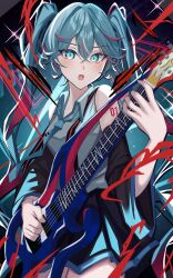  1girl aqua_ascot aqua_eyes aqua_hair aqua_necktie ascot black_skirt black_sleeves detached_sleeves garan_(garan0502) hatsune_miku highres holding holding_instrument instrument looking_at_viewer music necktie open_mouth playing_instrument skirt twintails vocaloid 