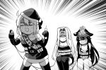  3girls ahoge alternate_costume anger_vein bikini black_hair breasts christmas cleavage commentary_request demon_archer dynamite fate/grand_order fate_(series) fur_trim gloves hat long_hair multiple_girls oda_nobunaga_(swimsuit_berserker)_(fate) okita_souji_(fate) open_mouth pale_face peaked_cap piroya_(shabushabu) rider sakura_saber santa_costume santa_hat short_hair speed_lines sweatdrop swimsuit tnt 