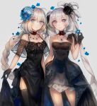  2girls black_dress black_gloves black_legwear blue_eyes blue_flower braid breasts choker cleavage dress eyebrows_visible_through_hair fate/grand_order fate_(series) flower gloves grey_background hair_between_eyes hair_flower hair_ornament jeanne_d&#039;arc_(fate) jeanne_d&#039;arc_(fate)_(all) jewelry long_hair looking_at_viewer marie_antoinette_(fate/grand_order) medium_breasts multiple_girls necklace petals ponytail short_dress silver_hair simple_background single_braid skirt_hold smile sora_(10051973) standing twintails very_long_hair 