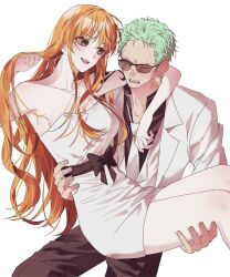  1boy 1girl absurdres arm_tattoo carrying commentary_request commission dress earrings english_commentary formal green_hair highres jewelry korean_commentary long_hair long_sleeves mixed-language_commentary nami_(one_piece) official_alternate_costume one_eye_closed one_piece one_piece_film:_gold open_mouth orange_hair princess_carry reeyozn roronoa_zoro scar scar_across_eye scar_on_face short_hair simple_background single_earring sleeveless sleeveless_dress smile suit sunglasses tattoo teeth white_background white_dress 