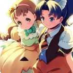  2girls animal_ears arisugawa_himari blue_hair braid brown_eyes brown_hair closed_mouth dress food_themed_hair_ornament hair_ornament hairband halloween highres jack-o&#039;-lantern kirakira_precure_a_la_mode long_hair looking_at_viewer multiple_girls necktie pink_hairband precure pumpkin_hair_ornament sayousuke shirt short_hair simple_background smile striped_neckwear tategami_aoi thick_eyebrows white_background yellow_dress 