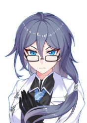  1girl absurdres black_gloves black_hair black_shirt blue_eyes blue_necktie blue_outline closed_mouth collared_shirt formal fu_hua fu_hua_(night_squire) glasses gloves highres honkai_(series) honkai_impact_3rd jacket long_hair looking_at_viewer necktie outline shirt simple_background solo upper_body white_background white_jacket white_shirt zheli_xingge 