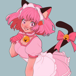  1girl adapted_costume animal_ear_fluff animal_ears bell bow breasts cat_ears cat_girl cat_tail choker commentary dress english_commentary food fruit gloves grey_background jingle_bell looking_at_viewer magical_girl mew_ichigo momomiya_ichigo nonagallery_art pink_choker pink_eyes pink_hair red_gloves short_hair simple_background smile solo strawberry tail tail_bell tail_bow tail_ornament tokyo_mew_mew upper_body 