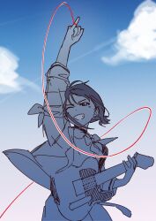  1girl absurdres arm_up clenched_teeth clouds electric_guitar girls_band_cry guitar highres holding holding_guitar holding_instrument instrument iseri_nina jacket low_twintails one_eye_closed send_(l_i_n_e_rock) short_hair short_twintails side_ponytail solo string string_of_fate teeth twintails 