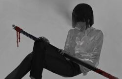  1girl black_hair black_pants bob_cut cigarette collared_shirt holding holding_sword holding_weapon knees_up limbus_company long_sleeves muisumk muted_color ootachi pants project_moon ryoshu_(project_moon) shirt short_hair sitting smoke smoking solo sword weapon white_shirt 