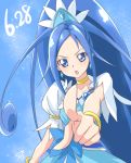  1girl :o blue blue_background blue_bow blue_eyes blue_hair blue_skirt bow chocokin choker cure_diamond dated dokidoki!_precure earrings foreshortening hishikawa_rikka jewelry long_hair looking_at_viewer magical_girl open_mouth pointing ponytail precure signature simple_background skirt solo upper_body yellow_neckwear 