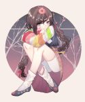  1girl :t alternate_costume alternate_hairstyle bangs blush braid brown_hair bunny_hair_ornament cherry_blossoms commentary_request crossed_ankles crossed_arms d.va_(overwatch) facepaint facial_mark grey_eyes hair_ornament highres korean_clothes long_hair long_sleeves looking_at_viewer overwatch palanquin_d.va pink_skirt pout raeee shorts sitting skirt solo striped_sleeves tagme v-shaped_eyebrows whisker_markings white_shorts 