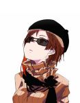  1girl beret brown_hair coco_adel esu_(transc) hat looking_up rwby short_hair solo sunglasses upper_body white_background 