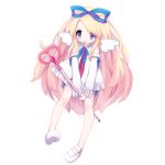  1girl angel angel_wings bangs big_hair blonde_hair blue_eyes blue_ribbon blush commentary_request detached_sleeves disgaea dress eyebrows_visible_through_hair flonne frilled_sleeves frills hair_ribbon heart holding holding_staff long_hair long_sleeves mary_janes mini_wings no_socks open_mouth ribbon shoes sidelocks simple_background sleeveless sleeveless_dress solo staff two-handed uzaki_moi very_long_hair white_background white_dress white_footwear white_wings wings 